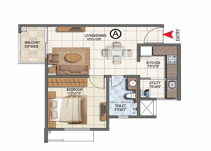 Prestige Sun Crest 1 BHK Floor Plan