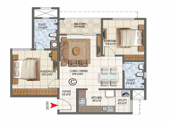 Prestige Sun Crest 2 BHK Floor Plan