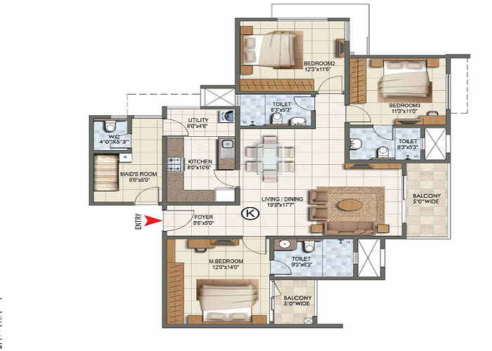 Prestige Sun Crest 3 BHK Floor Plan